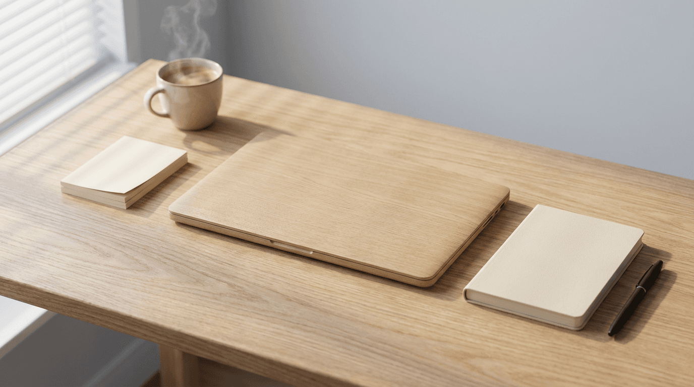 Professional workspace with laptop and implementation documentation